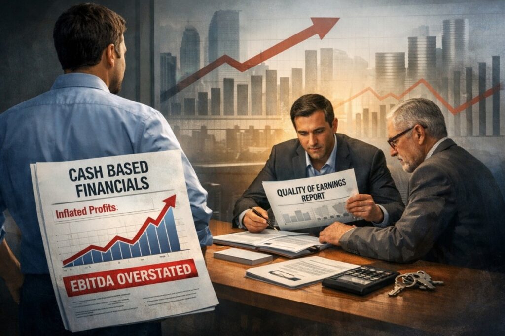 Business owner reviewing financial statements, highlighting the impact of cash vs accrual accounting on business valuation and deal negotiations